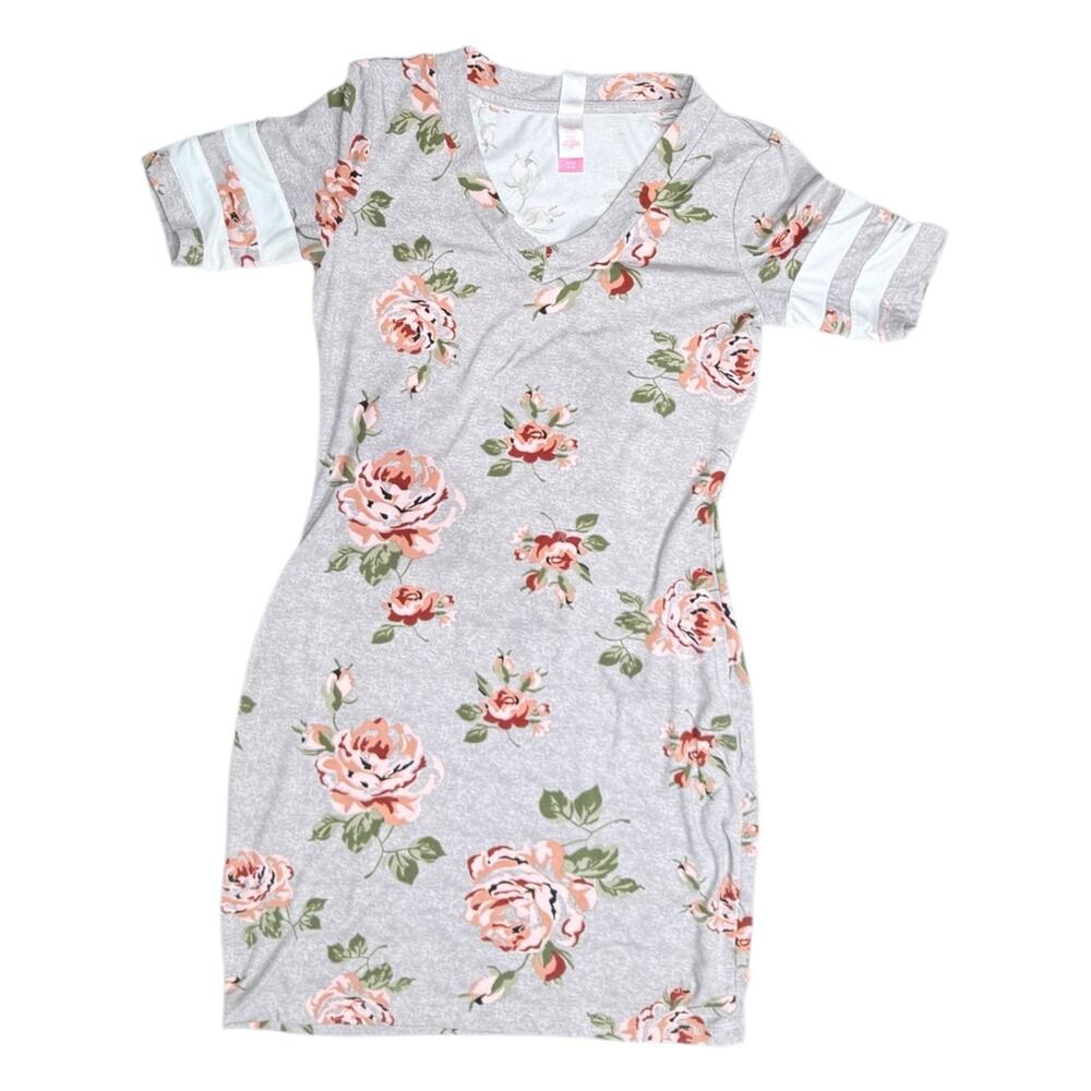 No Boundaries Women's Gray Floral Varsity Stripe T-Shirt Bodycon Mini Dress